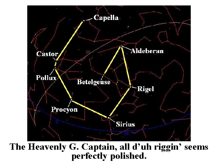 The Heavenly G. Captain, all d’uh riggin’ seems perfectly polished. The Heavenly G. Captain, all d’uh riggin’ seems perfectly polished.