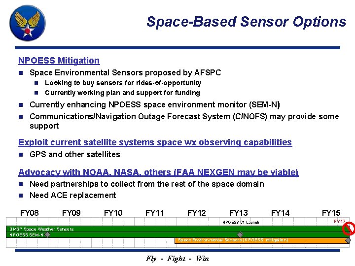 Space-Based Sensor Options NPOESS Mitigation n Space Environmental Sensors proposed by AFSPC Looking to