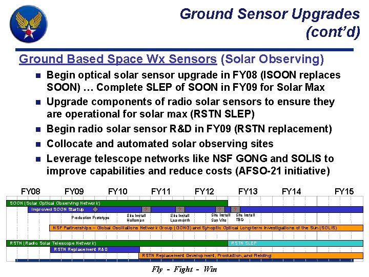 Ground Sensor Upgrades (cont’d) Ground Based Space Wx Sensors (Solar Observing) n n n