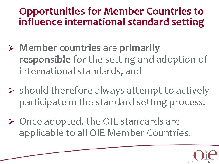 Opportunities for Member Countries to influence international standard setting Ø Member countries are primarily