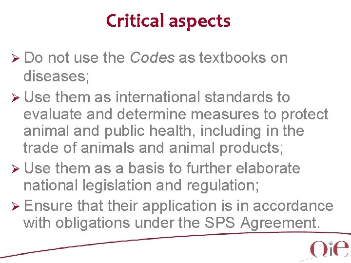 Critical aspects Ø Do not use the Codes as textbooks on diseases; Ø Use