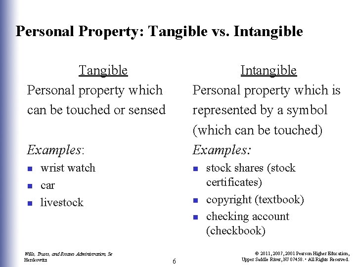 Personal Property: Tangible vs. Intangible Tangible Personal property which can be touched or sensed