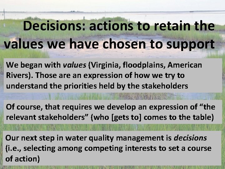 Decisions: actions to retain the values we have chosen to support We began with