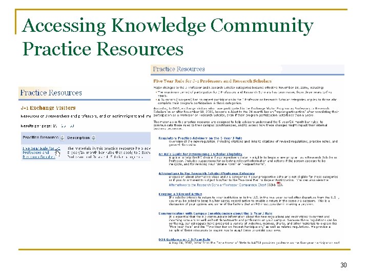 Accessing Knowledge Community Practice Resources 30 