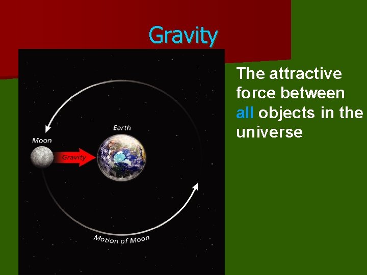 Gravity The attractive force between all objects in the universe 