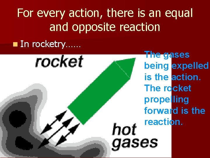 For every action, there is an equal and opposite reaction n In rocketry…… The