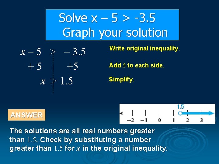 Solve x – 5 > -3. 5 Graph your solution x – 5 >