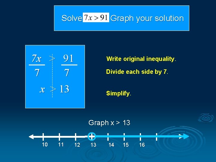  Solve . Graph your solution 7 x > 91 7 7 x >