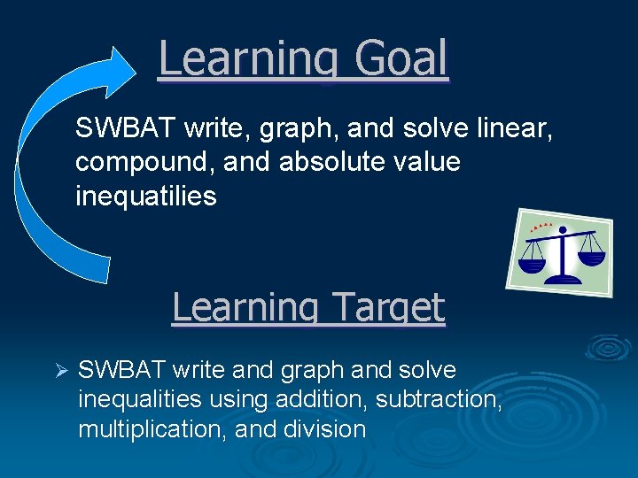 Learning Goal SWBAT write, graph, and solve linear, compound, and absolute value inequatilies Learning