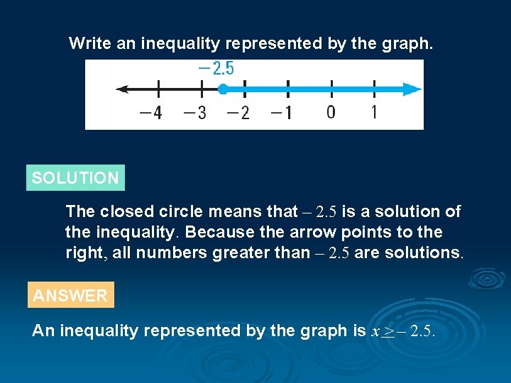 Write an inequality represented by the graph. SOLUTION The closed circle means that –