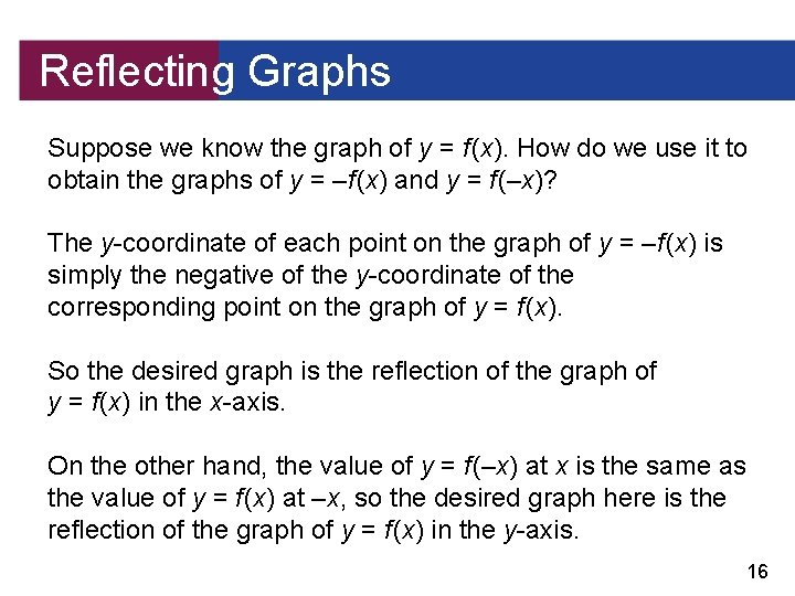 Reflecting Graphs Suppose we know the graph of y = f (x). How do