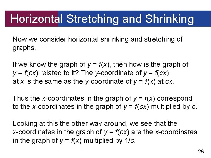 Horizontal Stretching and Shrinking Now we consider horizontal shrinking and stretching of graphs. If