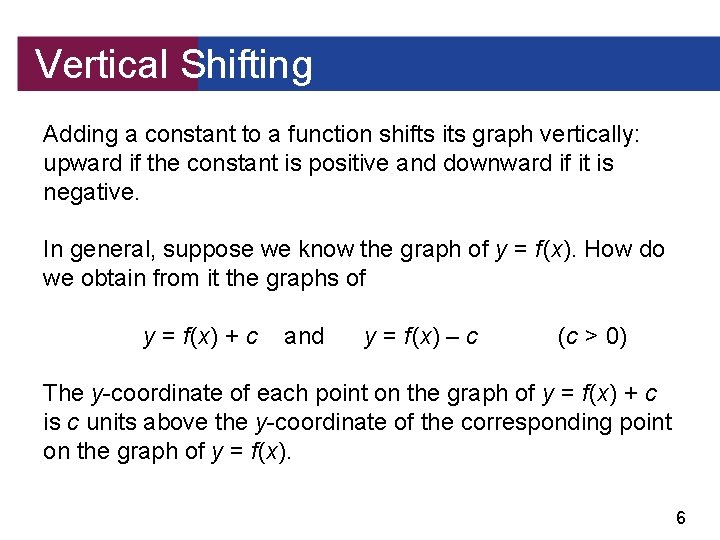 Vertical Shifting Adding a constant to a function shifts its graph vertically: upward if