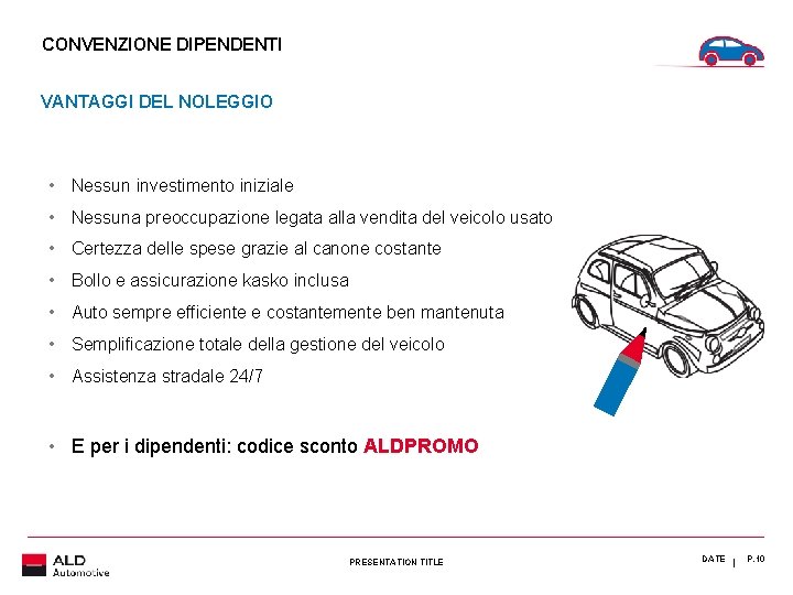 CONVENZIONE DIPENDENTI VANTAGGI DEL NOLEGGIO • Nessun investimento iniziale • Nessuna preoccupazione legata alla
