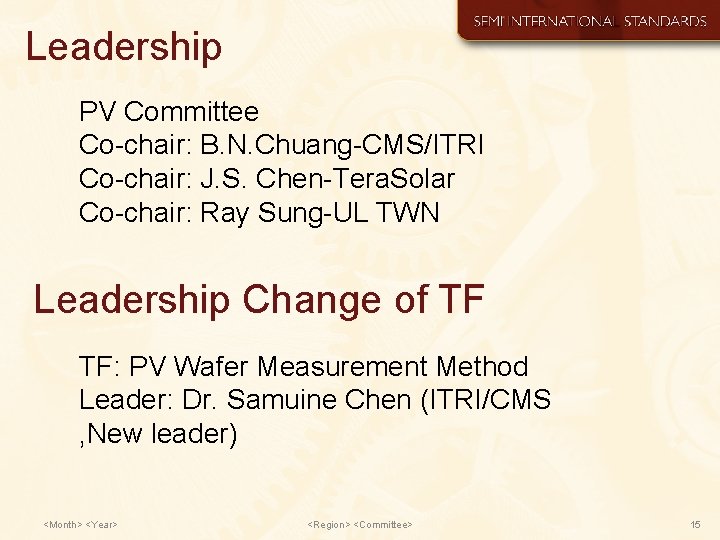 Leadership PV Committee Co-chair: B. N. Chuang-CMS/ITRI Co-chair: J. S. Chen-Tera. Solar Co-chair: Ray