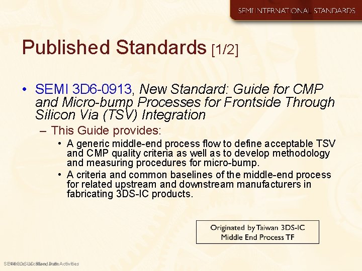 Published Standards [1/2] • SEMI 3 D 6 -0913, New Standard: Guide for CMP