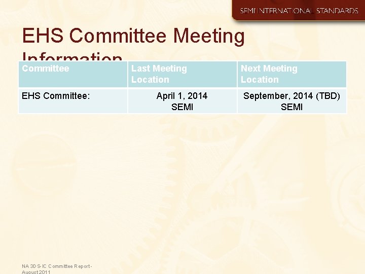 EHS Committee Meeting Information Last Meeting Committee Next Meeting Location EHS Committee: NA 3