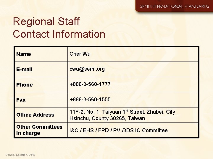 Regional Staff Contact Information Name Cher Wu E-mail cwu@semi. org Phone +886 -3 -560