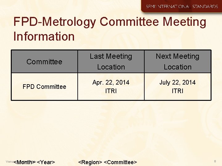 FPD-Metrology Committee Meeting Information Committee Last Meeting Location Next Meeting Location FPD Committee Apr.