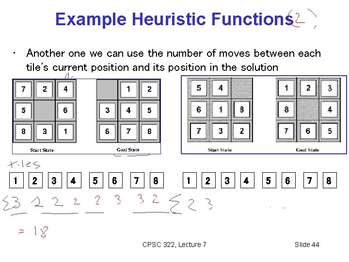Example Heuristic Functions • Another one we can use the number of moves between