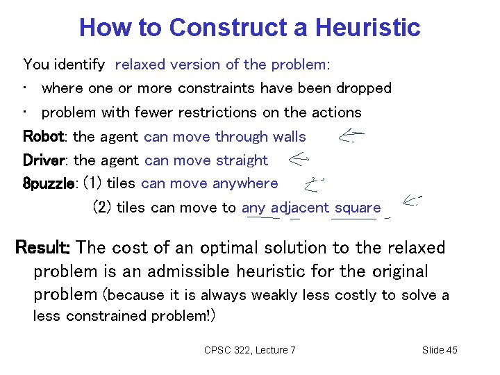How to Construct a Heuristic You identify relaxed version of the problem: • where