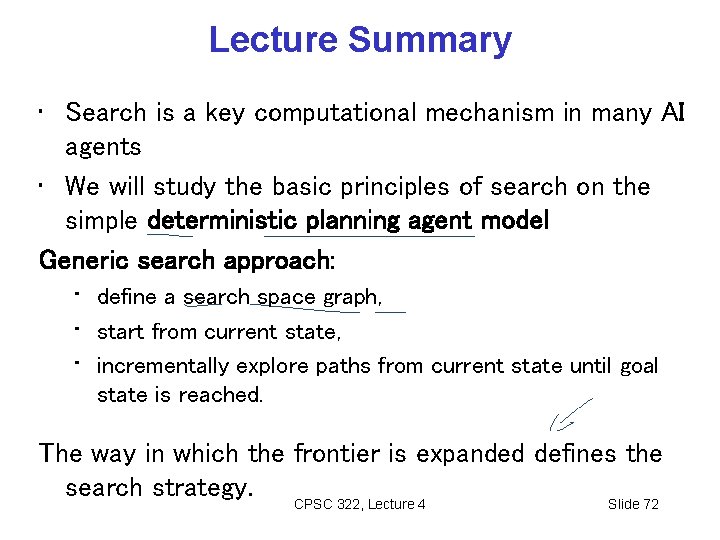 Lecture Summary • Search is a key computational mechanism in many AI agents •
