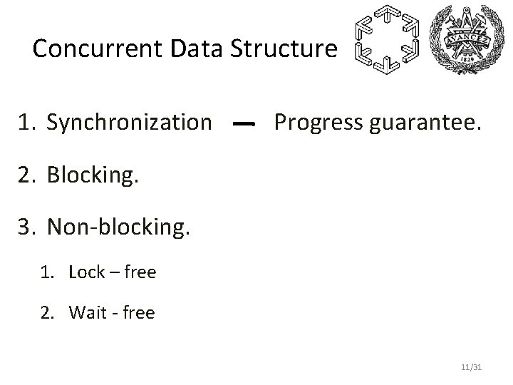 Concurrent Data Structure 1. Synchronization Progress guarantee. 2. Blocking. 3. Non-blocking. 1. Lock –