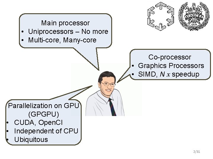 Main processor • Uniprocessors – No more • Multi-core, Many-core Co-processor • Graphics Processors