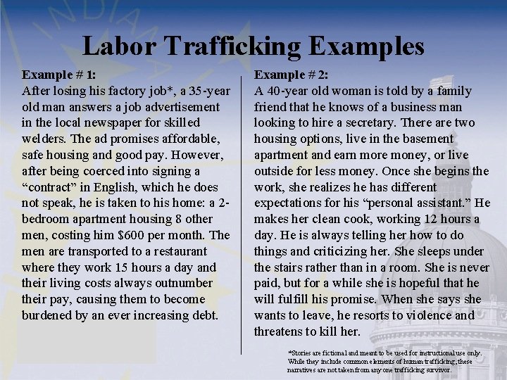 Labor Trafficking Examples Example # 1: After losing his factory job*, a 35 -year