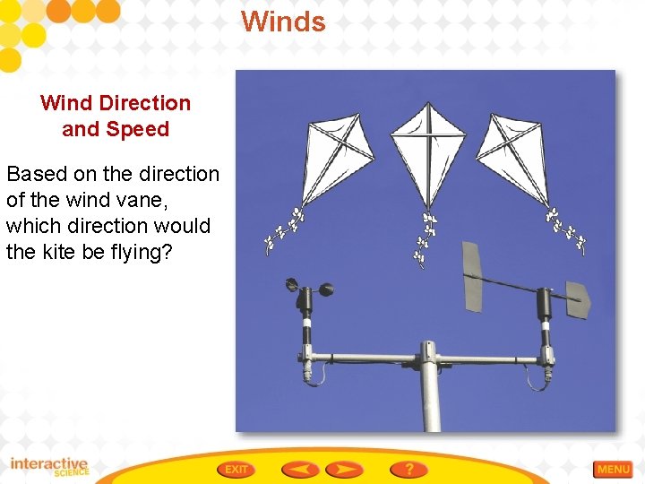 Winds Wind Direction and Speed Based on the direction of the wind vane, which