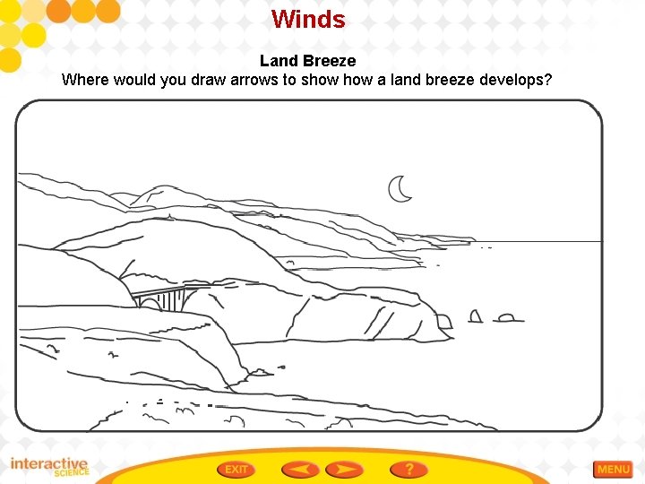 Winds Land Breeze Where would you draw arrows to show a land breeze develops?