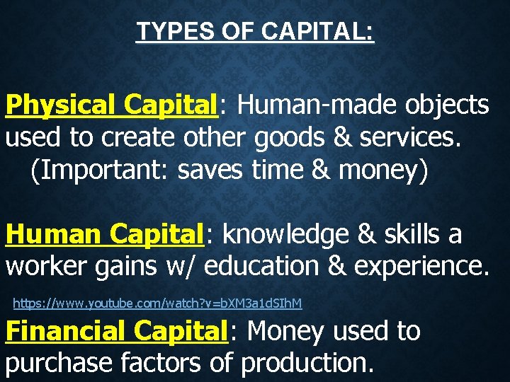TYPES OF CAPITAL: Physical Capital: Human-made objects used to create other goods & services. TYPES OF CAPITAL: Physical Capital: Human-made objects used to create other goods & services.