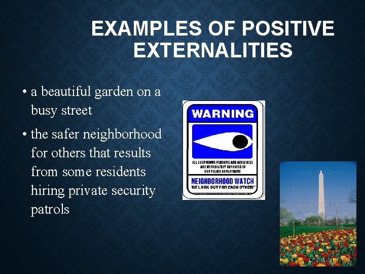 EXAMPLES OF POSITIVE EXTERNALITIES • a beautiful garden on a busy street • the EXAMPLES OF POSITIVE EXTERNALITIES • a beautiful garden on a busy street • the