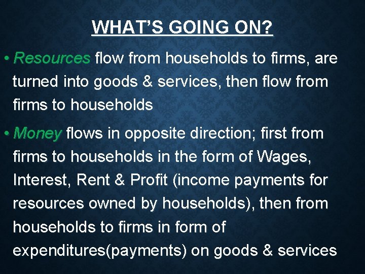 WHAT’S GOING ON? • Resources flow from households to firms, are turned into goods WHAT’S GOING ON? • Resources flow from households to firms, are turned into goods