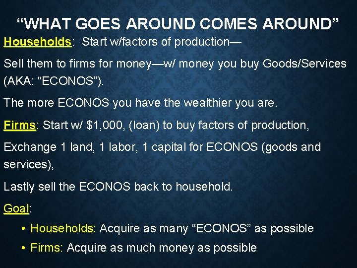 “WHAT GOES AROUND COMES AROUND” Households: Start w/factors of production— Sell them to firms “WHAT GOES AROUND COMES AROUND” Households: Start w/factors of production— Sell them to firms