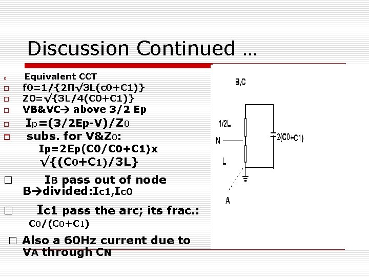 Discussion Continued … Equivalent CCT o o o f 0=1/{2Π√ 3 L(c 0+C 1)}