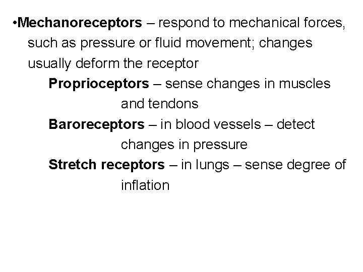  • Mechanoreceptors – respond to mechanical forces, such as pressure or fluid movement;