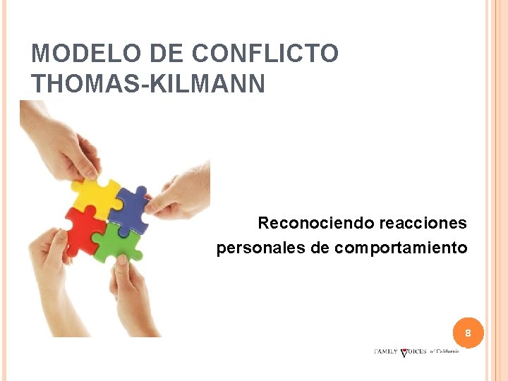 MODELO DE CONFLICTO THOMAS-KILMANN Reconociendo reacciones personales de comportamiento 8 