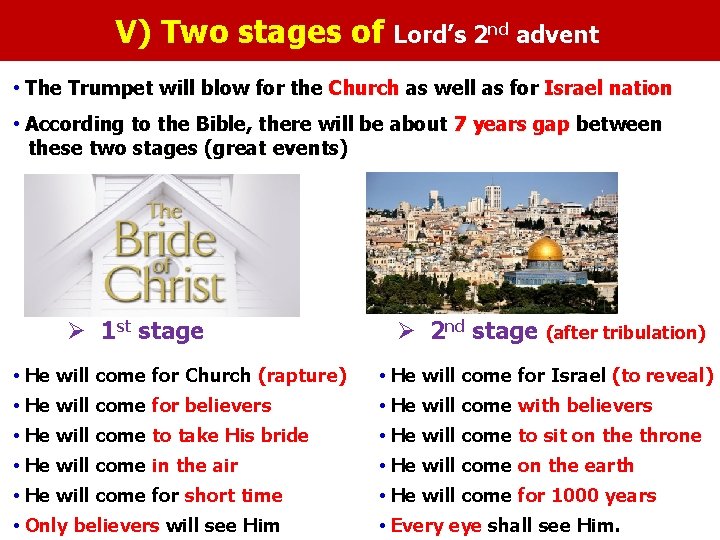 V) Two stages of Lord’s 2 nd advent • The Trumpet will blow for