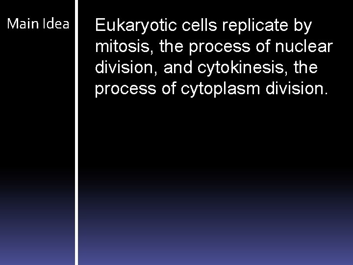 Main Idea Eukaryotic cells replicate by mitosis, the process of nuclear division, and cytokinesis,