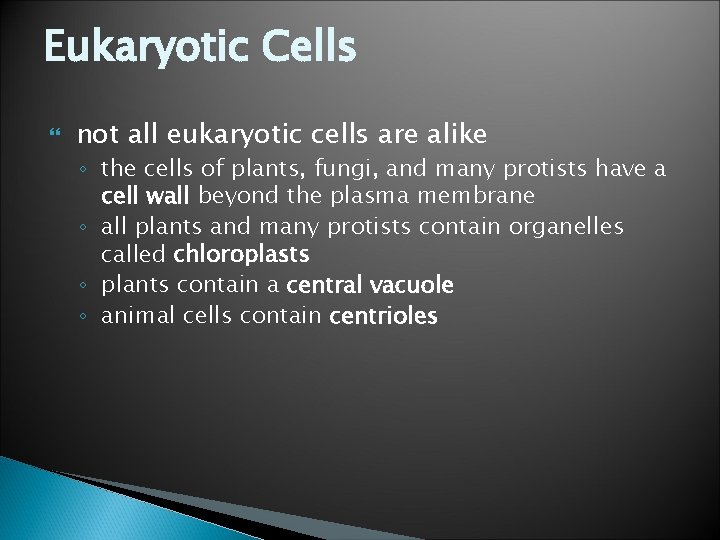 Eukaryotic Cells not all eukaryotic cells are alike ◦ the cells of plants, fungi,