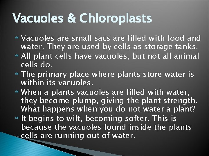 Vacuoles & Chloroplasts Vacuoles are small sacs are filled with food and water. They