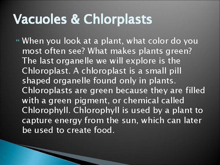 Vacuoles & Chlorplasts When you look at a plant, what color do you most
