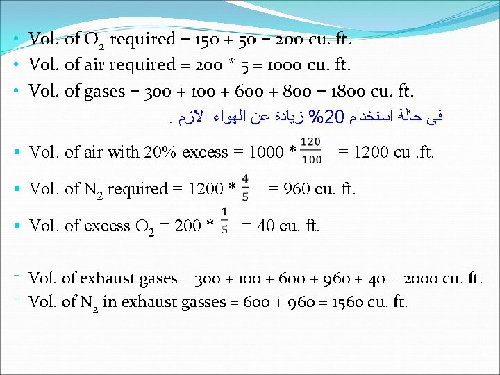  • Vol. of O 2 required = 150 + 50 = 200 cu.