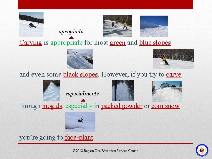 apropiado Carving is appropriate for most green and blue slopes and even some black