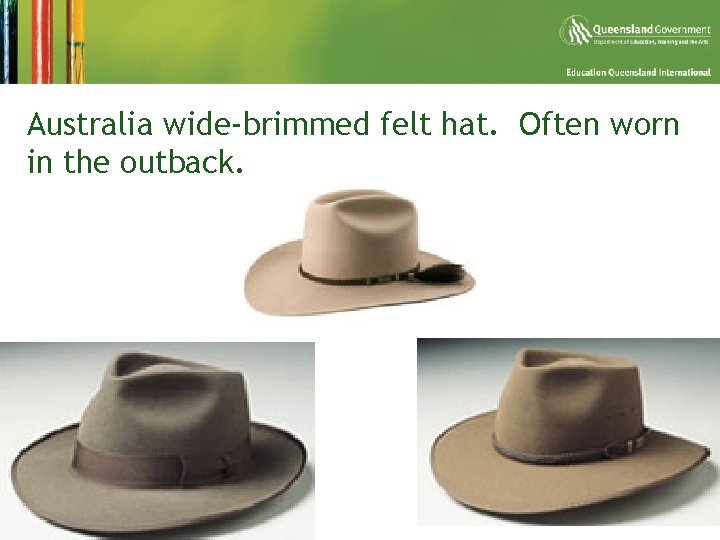 Australia wide-brimmed felt hat. Often worn in the outback. 