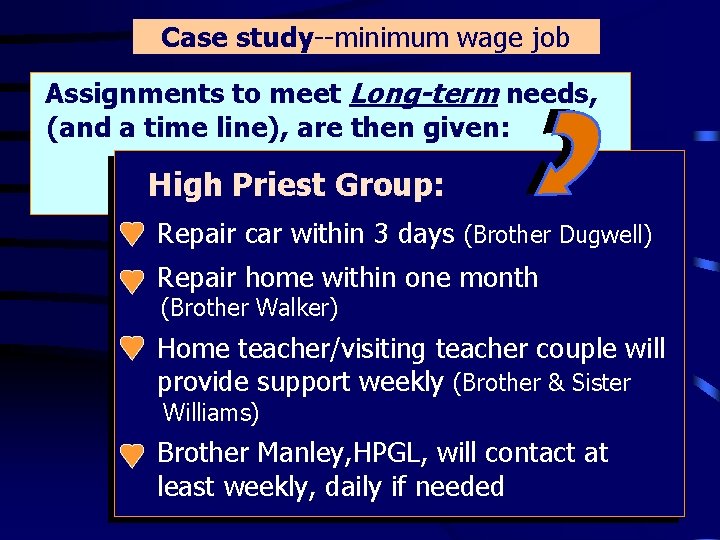 Case study--minimum wage job Assignments to meet Long-term needs, (and a time line), are