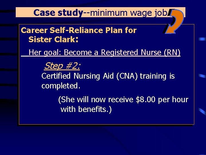 Case study--minimum wage job Career Self-Reliance Plan for Sister Clark: Her goal: Become a