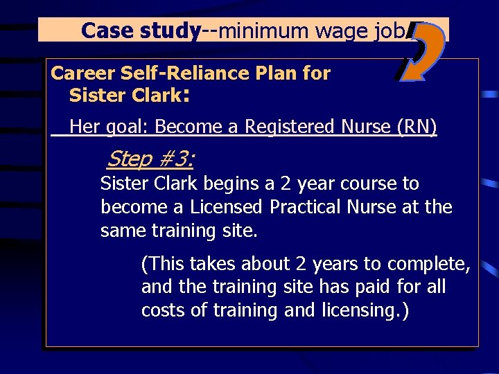 Case study--minimum wage job Career Self-Reliance Plan for Sister Clark: Her goal: Become a