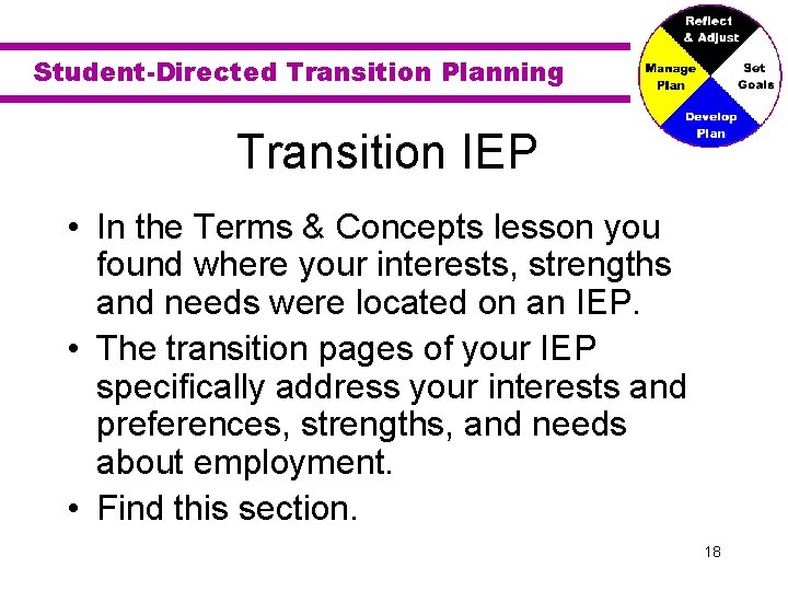 Student-Directed Transition Planning Transition IEP • In the Terms & Concepts lesson you found